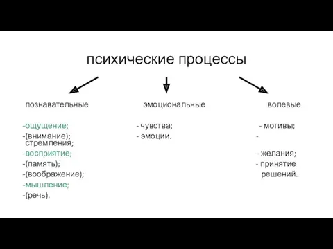 психические процессы познавательные эмоциональные волевые ощущение; - чувства; - мотивы;