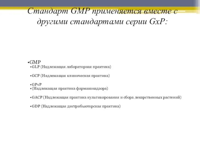 GMP GLP (Надлежащая лабораторная практика) GCP (Надлежащая клиническая практика) GPvP