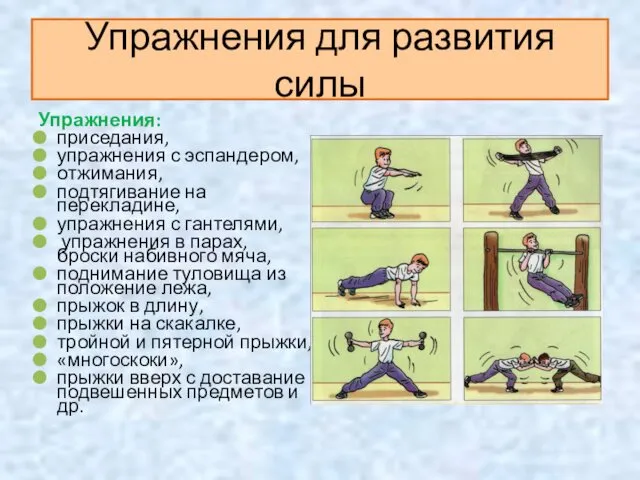 Упражнения для развития силы Упражнения: приседания, упражнения с эспандером, отжимания,