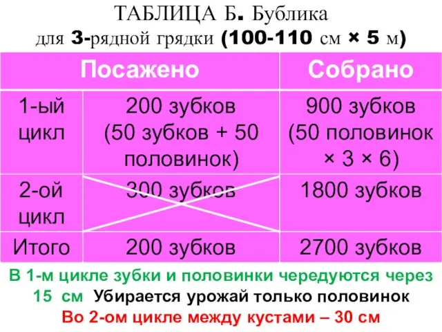 ТАБЛИЦА Б. Бублика для 3-рядной грядки (100-110 см × 5