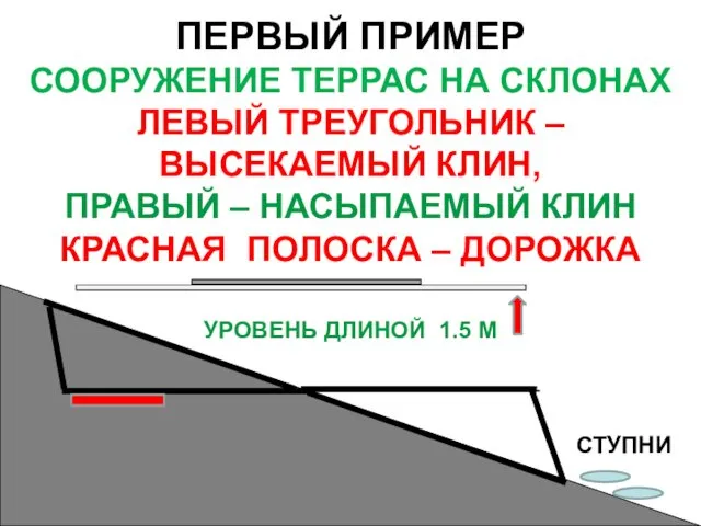 ПЕРВЫЙ ПРИМЕР СООРУЖЕНИЕ ТЕРРАС НА СКЛОНАХ ЛЕВЫЙ ТРЕУГОЛЬНИК – ВЫСЕКАЕМЫЙ