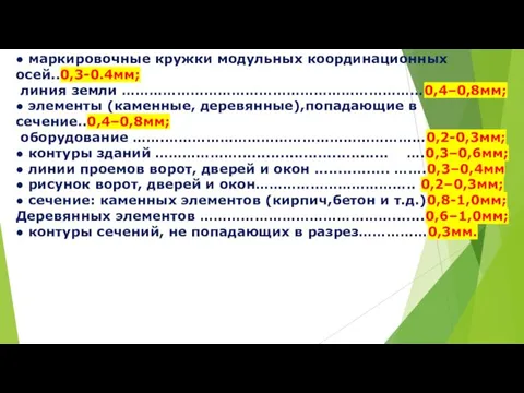 ● маркировочные кружки модульных координационных осей..0,3-0.4мм; линия земли …………………………………………………………0,4–0,8мм; ●