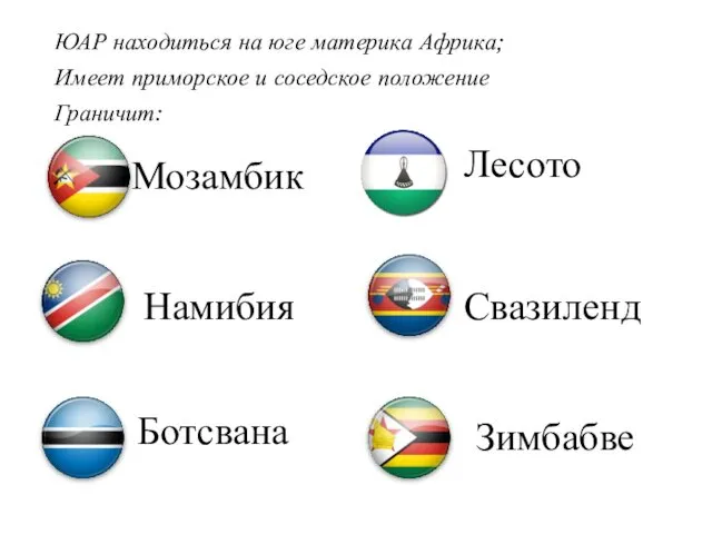 ЮАР находиться на юге материка Африка; Имеет приморское и соседское