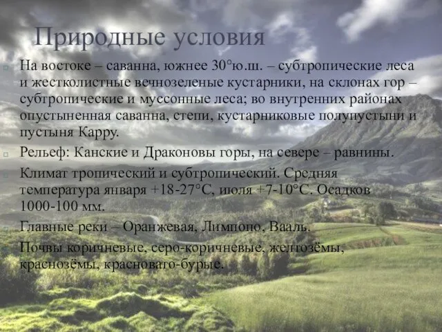 Природные условия На востоке – саванна, южнее 30°ю.ш. – субтропические