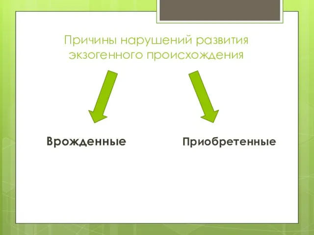 Причины нарушений развития экзогенного происхождения Врожденные Приобретенные