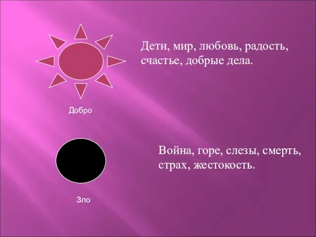 Дети, мир, любовь, радость, счастье, добрые дела. Война, горе, слезы, смерть, страх, жестокость. Добро Зло