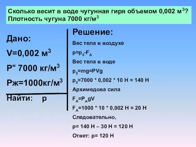 Сколько весит в воде чугунная гиря объемом 0,002 м3? Плотность