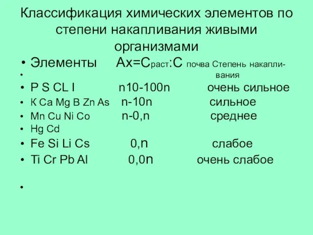 Классификация химических элементов по степени накапливания живыми организмами Элементы Ах=Сраст:С