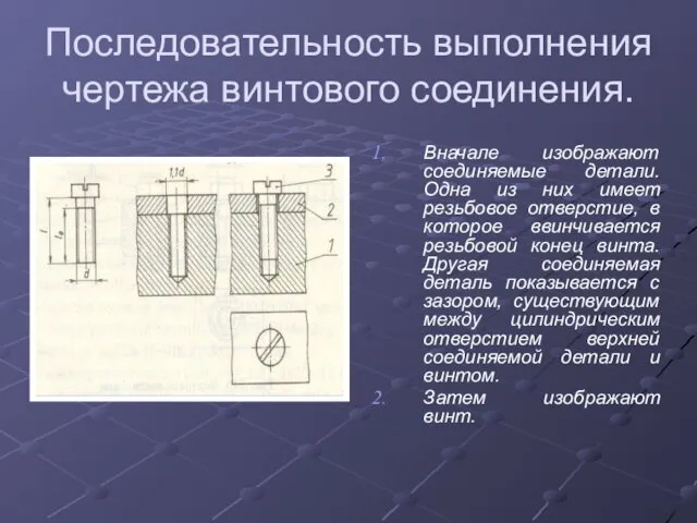 Последовательность выполнения чертежа винтового соединения. Вначале изображают соединяемые детали. Одна