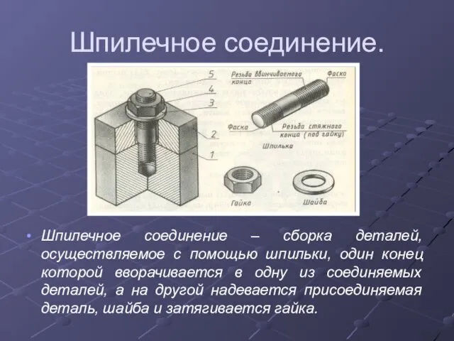 Шпилечное соединение. Шпилечное соединение – сборка деталей, осуществляемое с помощью