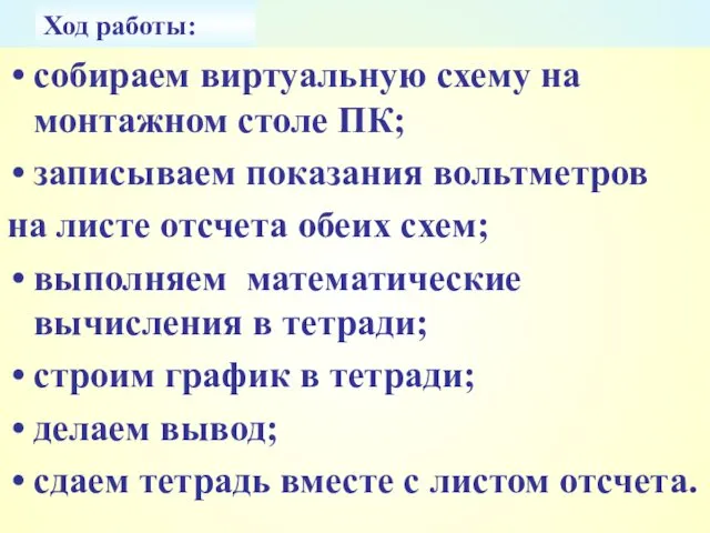 Ход работы: собираем виртуальную схему на монтажном столе ПК; записываем