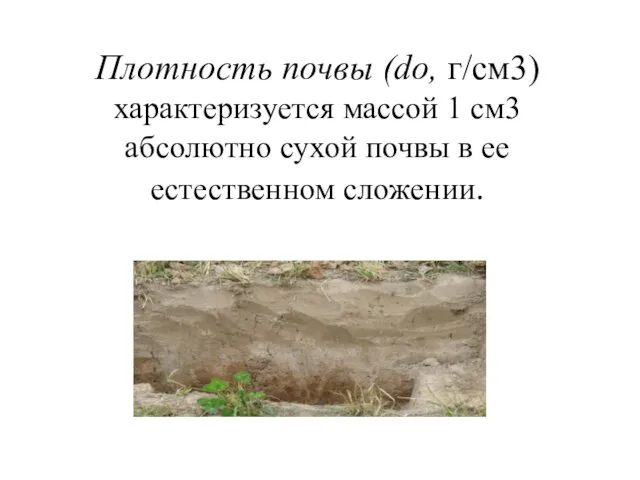 Плотность почвы (do, г/см3) характеризуется массой 1 см3 абсолютно сухой почвы в ее естественном сложении.