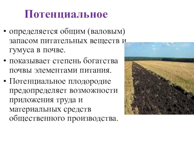 Потенциальное определяется общим (валовым) запасом питательных веществ и гумуса в почве. показывает степень