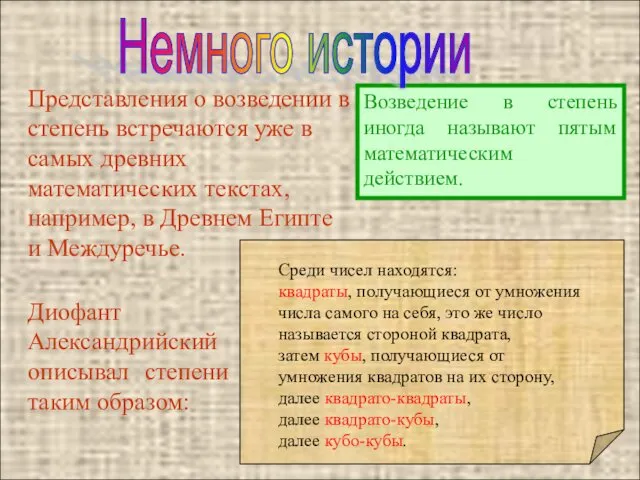 Возведение в степень иногда называют пятым математическим действием. Представления о