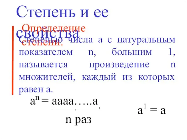 Степень и ее свойства Определение степени: а1 = а