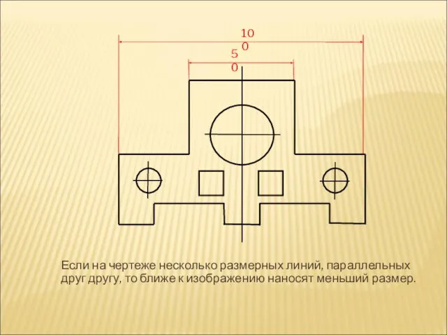 Если на чертеже несколько размерных линий, параллельных друг другу, то ближе к изображению наносят меньший размер.