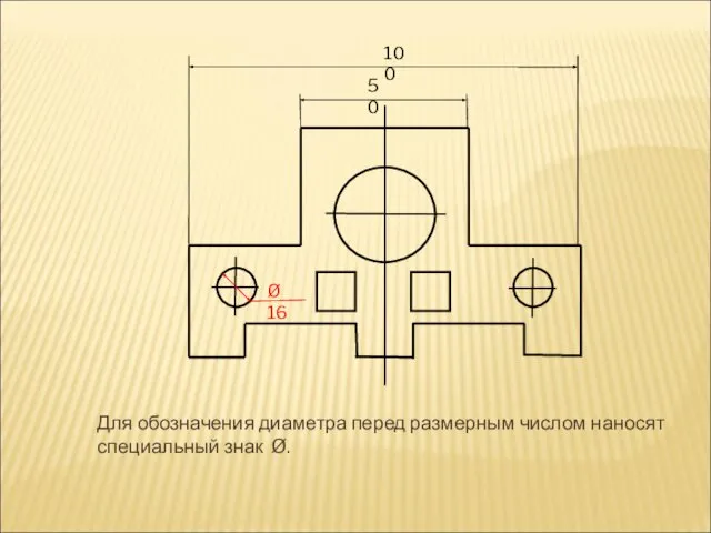Для обозначения диаметра перед размерным числом наносят специальный знак Ø. 50 100