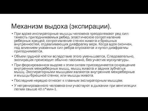 Механизм выдоха (экспирации). При вдохе инспираторные мышцы человека преодолевают ряд