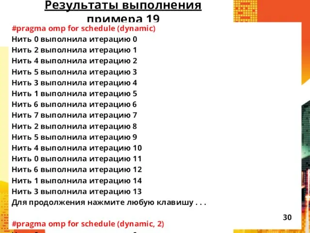 Результаты выполнения примера 19 #pragma omp for schedule (dynamic) Нить