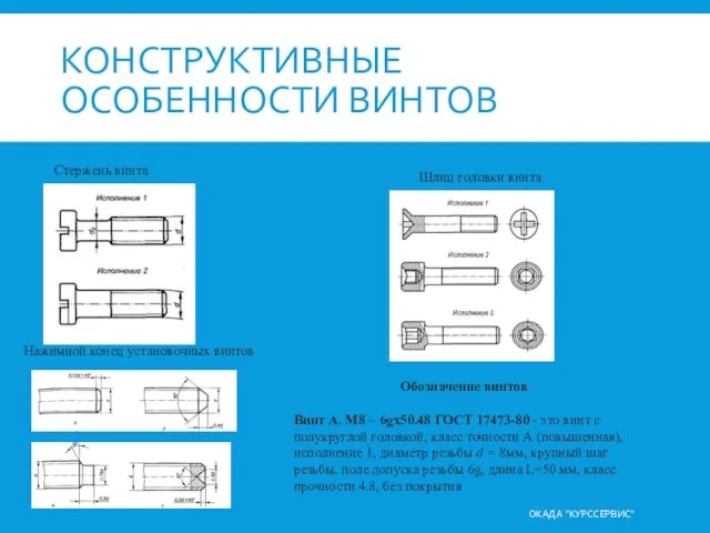 КОНСТРУКТИВНЫЕ ОСОБЕННОСТИ ВИНТОВ ОКАДА "КУРССЕРВИС" Стержень винта Шлиц головки винта