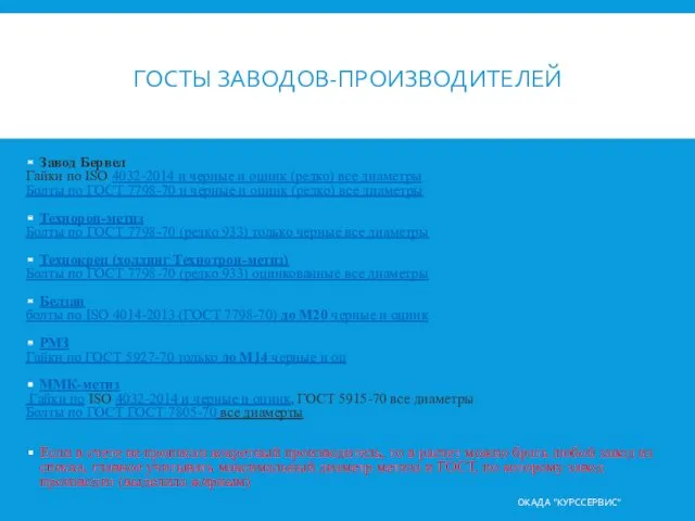 ГОСТЫ ЗАВОДОВ-ПРОИЗВОДИТЕЛЕЙ Завод Бервел Гайки по ISO 4032-2014 и черные