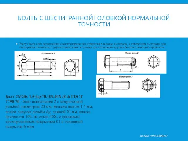 БОЛТЫ С ШЕСТИГРАННОЙ ГОЛОВКОЙ НОРМАЛЬНОЙ ТОЧНОСТИ Могут быть трех исполнений: