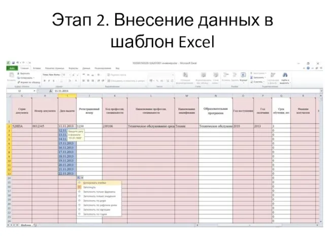 Этап 2. Внесение данных в шаблон Excel