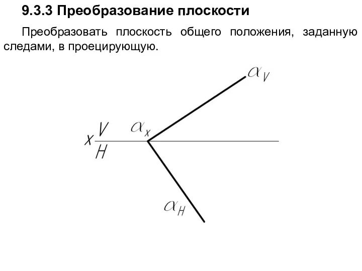 9.3.3 Преобразование плоскости Преобразовать плоскость общего положения, заданную следами, в проецирующую.
