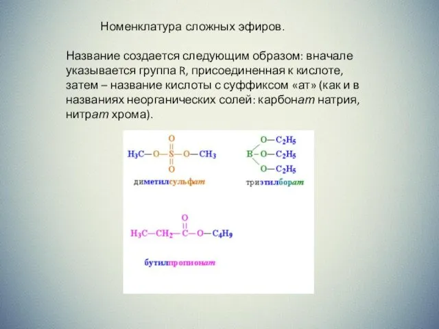 Номенклатура сложных эфиров. Название создается следующим образом: вначале указывается группа R, присоединенная к