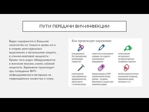 ПУТИ ПЕРЕДАЧИ ВИЧ-ИНФЕКЦИИ Вирус содержится в большом количестве не только