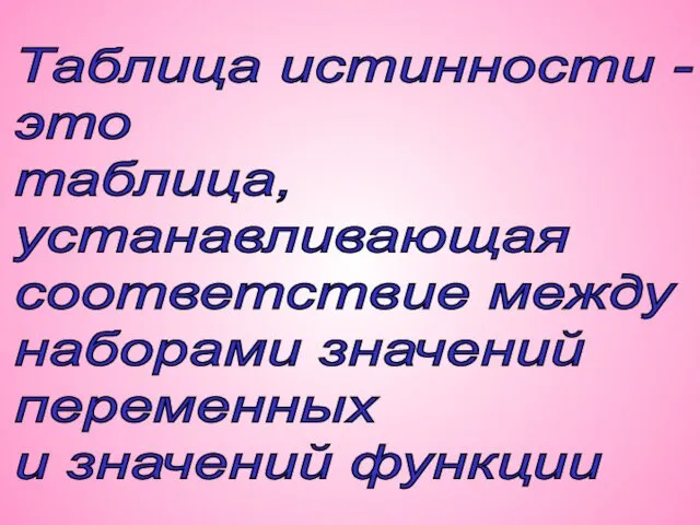 Таблица истинности - это таблица, устанавливающая соответствие между наборами значений переменных и значений функции