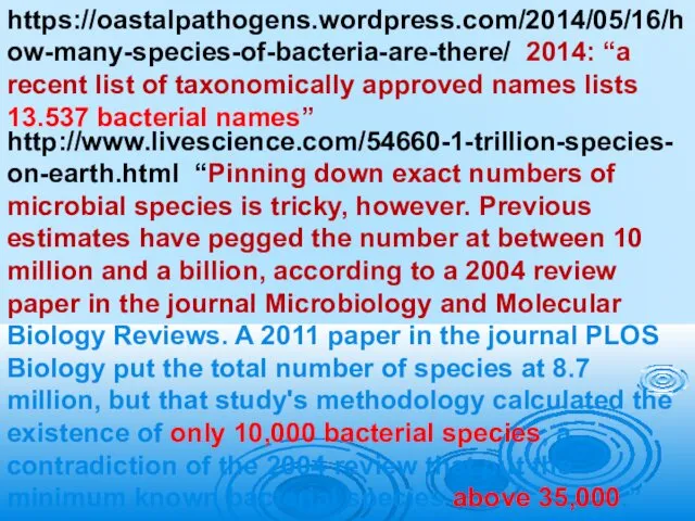 https://oastalpathogens.wordpress.com/2014/05/16/how-many-species-of-bacteria-are-there/ 2014: “a recent list of taxonomically approved names lists