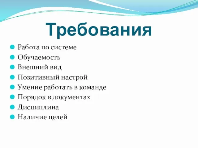 Требования Работа по системе Обучаемость Внешний вид Позитивный настрой Умение работать в команде