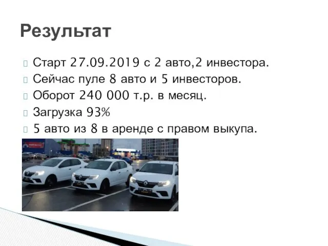 Старт 27.09.2019 с 2 авто,2 инвестора. Сейчас пуле 8 авто