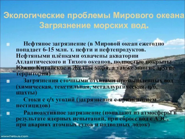 Экологические проблемы Мирового океана. Загрязнение морских вод. Нефтяное загрязнение (в