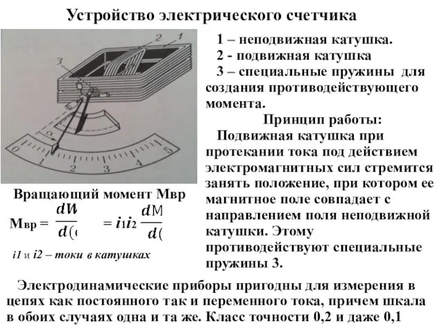 Устройство электрического счетчика 1 – неподвижная катушка. 2 - подвижная