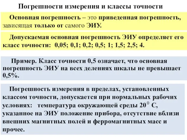 Погрешности измерения и классы точности Основная погрешность – это приведенная