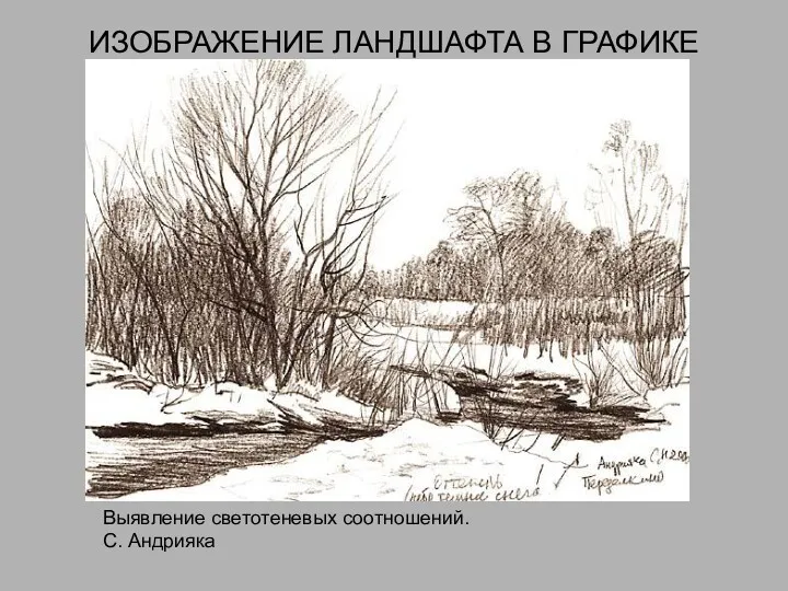 ИЗОБРАЖЕНИЕ ЛАНДШАФТА В ГРАФИКЕ Выявление светотеневых соотношений. С. Андрияка