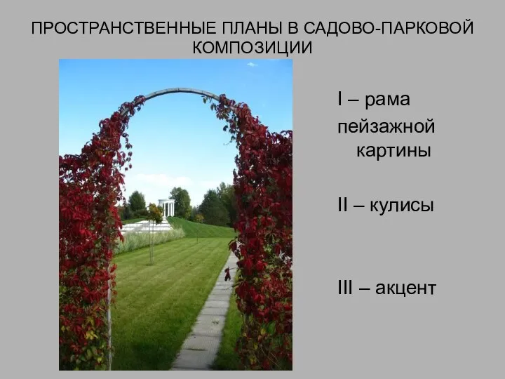 ПРОСТРАНСТВЕННЫЕ ПЛАНЫ В САДОВО-ПАРКОВОЙ КОМПОЗИЦИИ I – рама пейзажной картины II – кулисы III – акцент