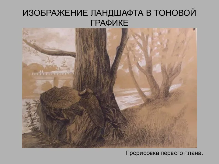 ИЗОБРАЖЕНИЕ ЛАНДШАФТА В ТОНОВОЙ ГРАФИКЕ Прорисовка первого плана.