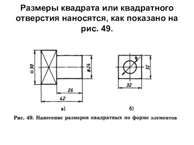 Размеры квадрата или квадратного отверстия наносятся, как показано на рис. 49.