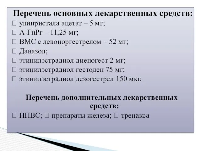 Перечень основных лекарственных средств:  улипристала ацетат – 5 мг;