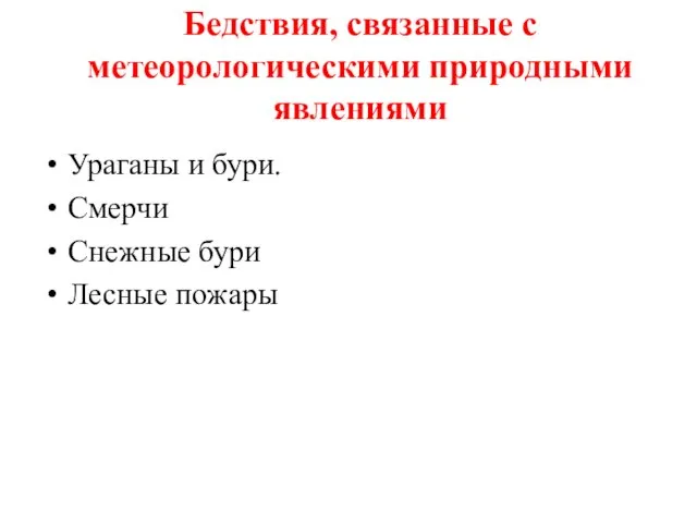 Бедствия, связанные с метеорологическими природными явлениями Ураганы и бури. Смерчи Снежные бури Лесные пожары