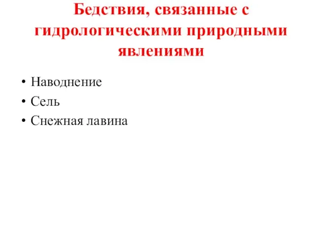 Бедствия, связанные с гидрологическими природными явлениями Наводнение Сель Снежная лавина