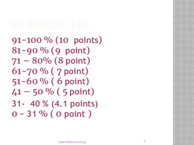 MY ENGLISH LAB 91-100 % (10 points) 81-90 % (9