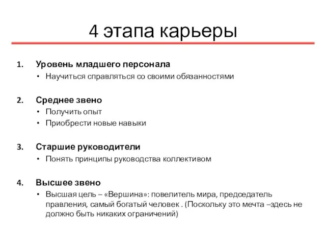 4 этапа карьеры Уровень младшего персонала Научиться справляться со своими