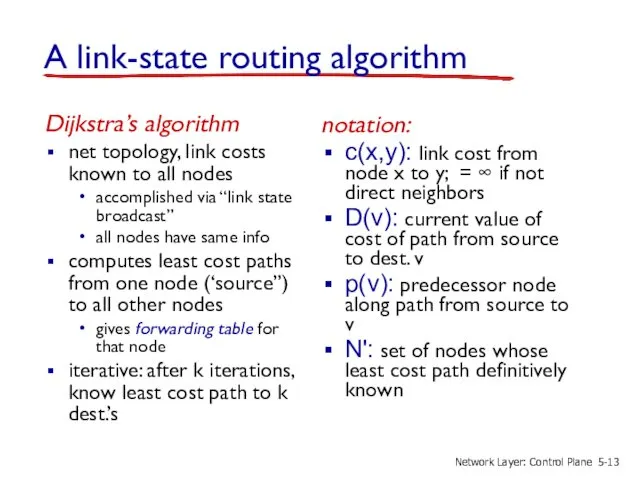 A link-state routing algorithm Dijkstra’s algorithm net topology, link costs