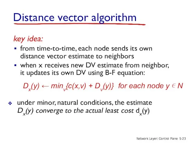 key idea: from time-to-time, each node sends its own distance