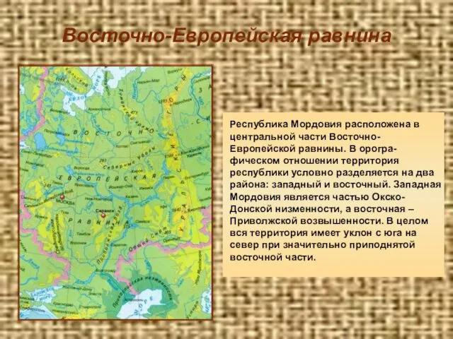 Восточно-Европейская равнина Республика Мордовия расположена в центральной части Восточно-Европейской равнины.