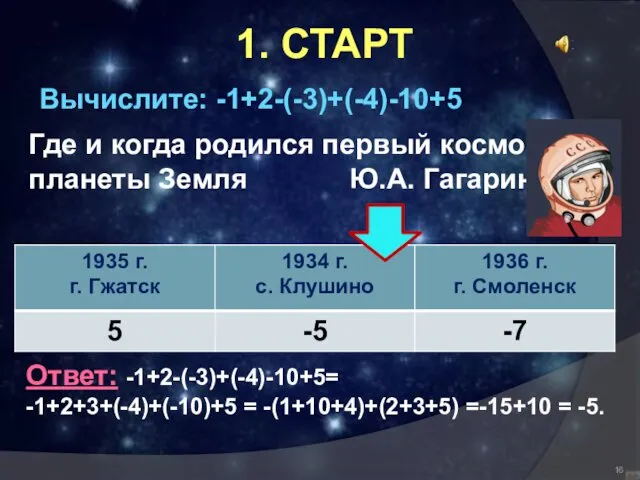1. СТАРТ Вычислите: -1+2-(-3)+(-4)-10+5 Где и когда родился первый космонавт